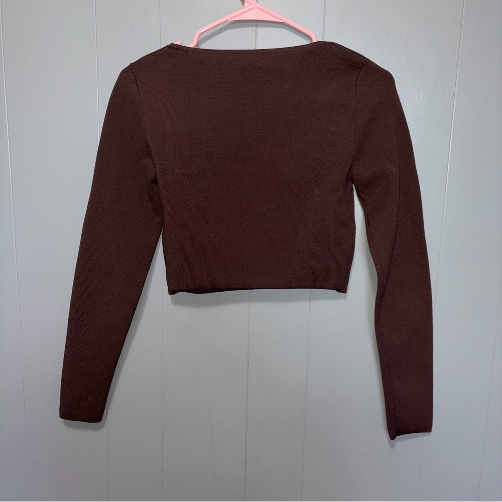 Aritzia Babaton Sculpt Knit Prominence Crop Long Sleeve Brown Top Small - Picture 5 of 5